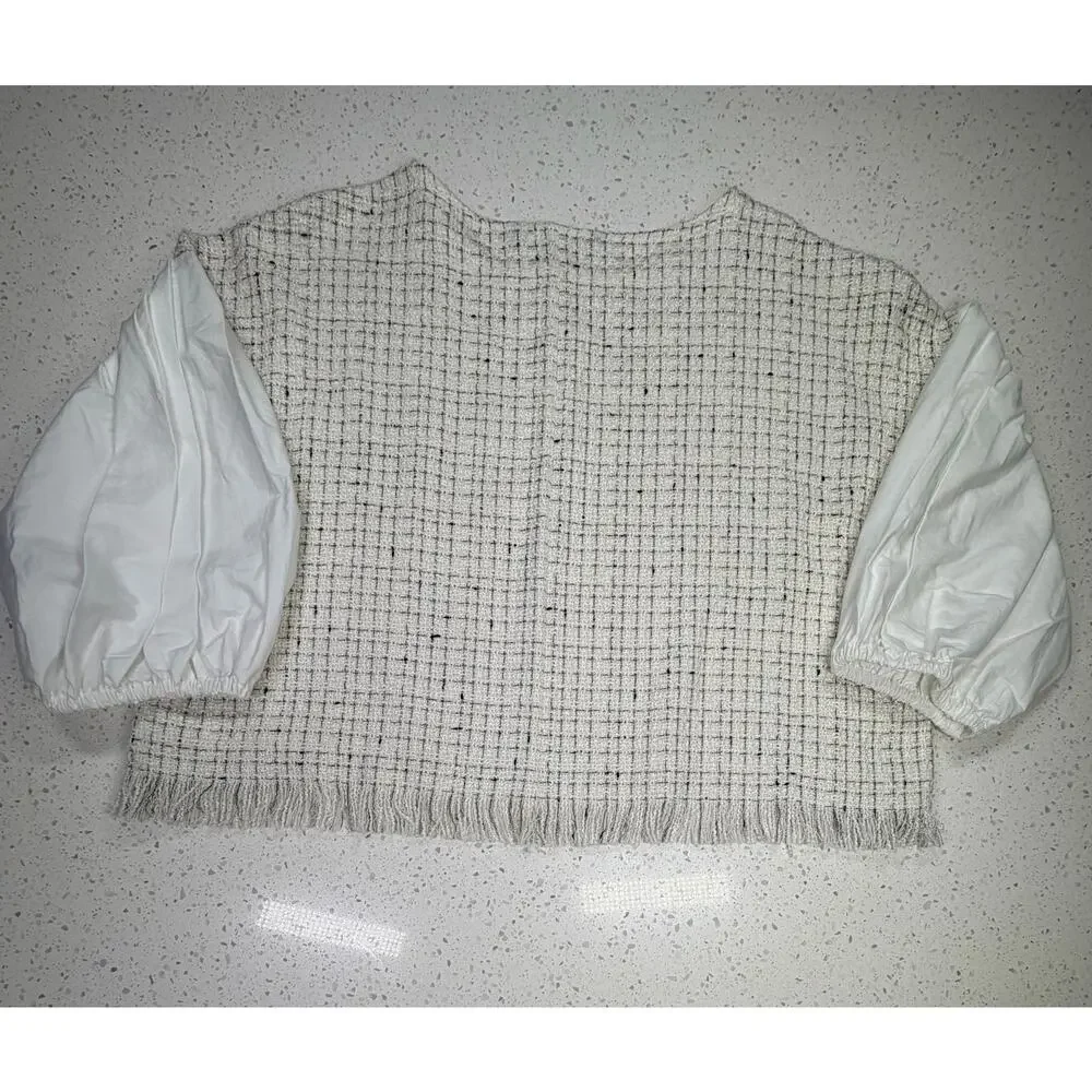 ZARA Textured Tweed Crop Top Blouse Puff Sleeve White size L - Picture 8 of 9